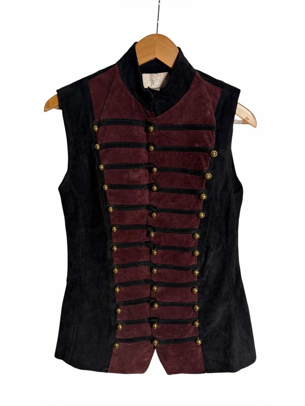 Cache 100% Leather Suede Military Band Vest Black Burgundy Gold Buttons Size 8